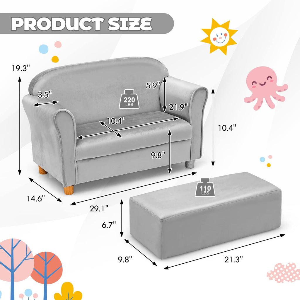 INFANS Kids Sofa with Footstool, 2 Seat Toddler Upholstered Couch, Children Armrest Chair Lounge for Bedroom Nursery Kindergarten Kids Room Boys Girls INFANS