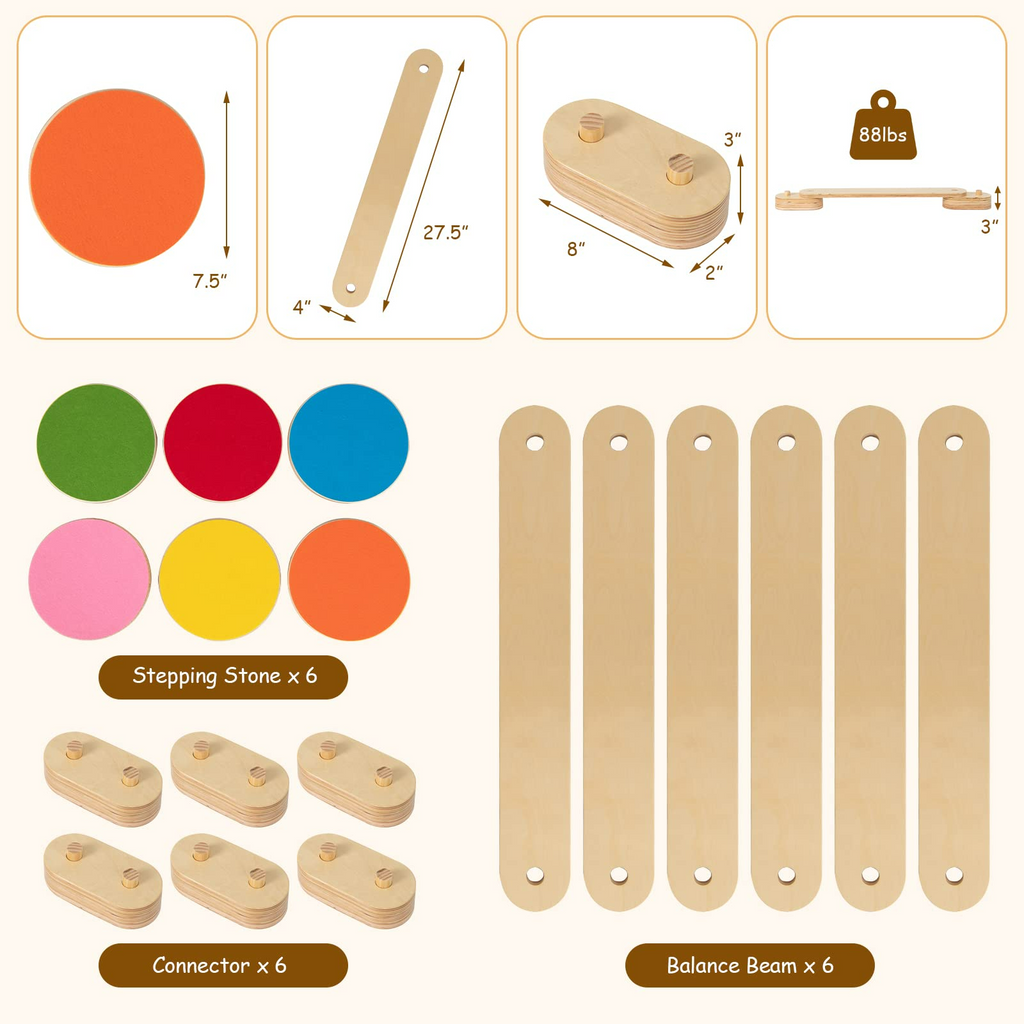 INFANS Montessori Wooden Balance Beam Stepping Stones for Kids Toddler,12 Piece Obstacle Course for Playroom Indoor Outdoor INFANS
