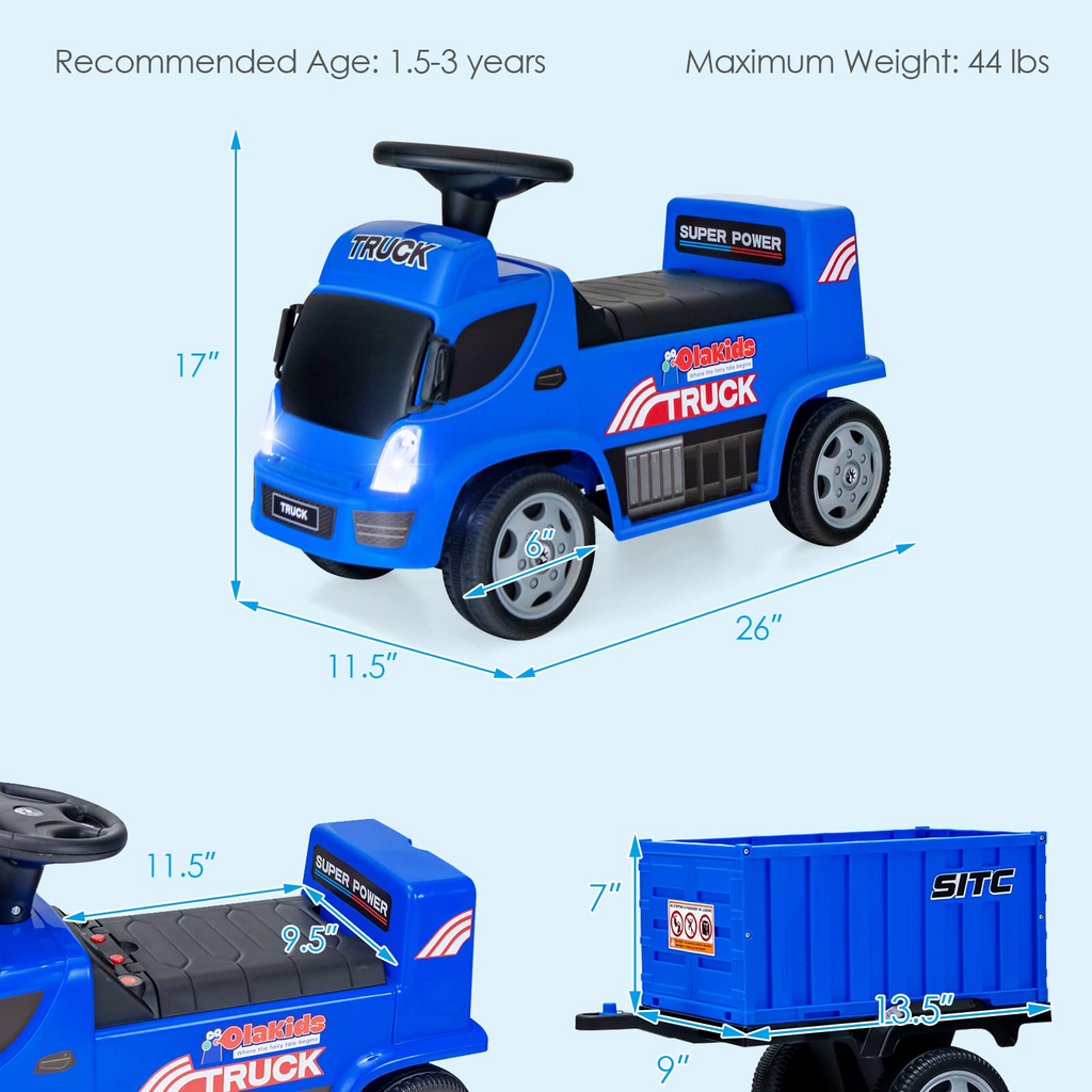 OLAKIDS Kids Ride On Push Car, 2 in 1 Foot-to-Floor Sliding Truck with Detachable Trailer, Steering Wheel, Headlights, Music, Alarm Sound, Toy Walker Gift for Toddlers Age 1.5-3 Boys Girls INFANS