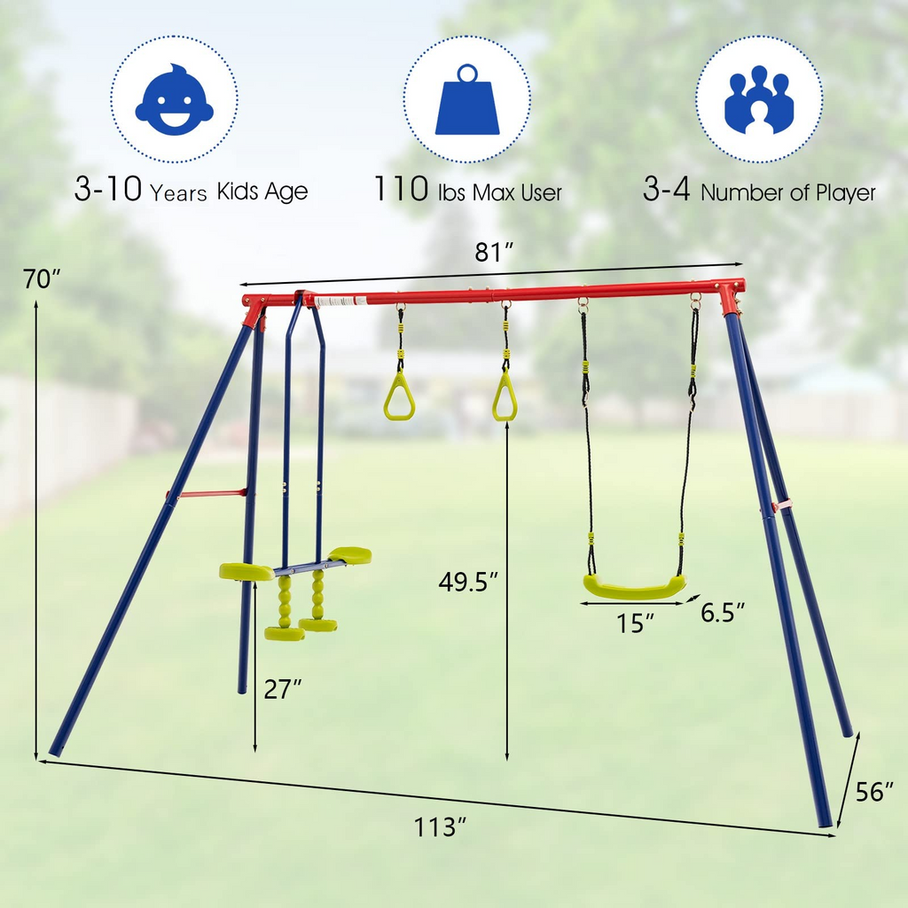 OLAKIDS 440lbs Swing Set, Outdoor 3 in 1 A-Frame Heavy Duty Metal Stand for Kids and Adults, Backyard Playground Activity Playset with Swing Seat, Glider, Trapeze Rings for Toddlers INFANS