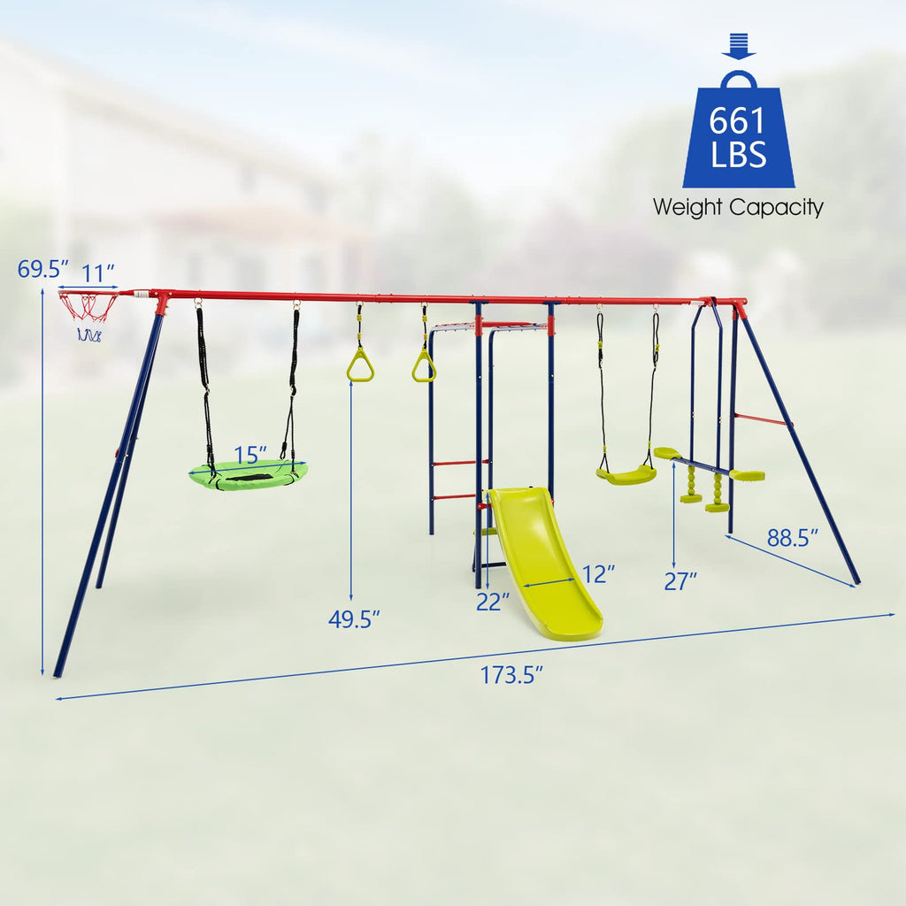 OLAKIDS 660lbs Swing Set, Outdoor A-Frame Heavy Duty Metal Swing Stand for Kids Adults, Backyard Playground Activity Playset with Slide, 2 Swings, Glider, Trapeze Rings, Monkey Bar, Basketball Hoop INFANS