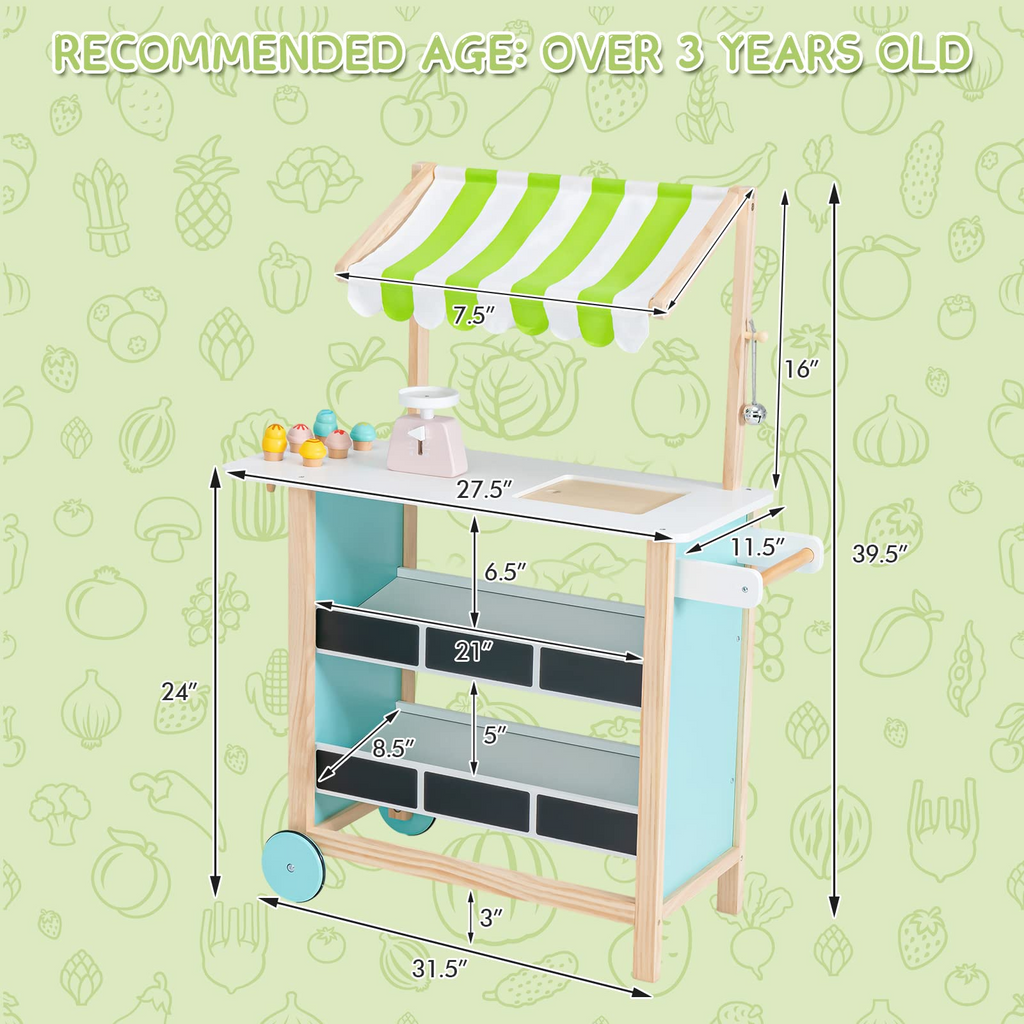 INFANS Wooden Grocery Store Marketplace Toy, Colorful Supermarket Pretend Play, Extra Storage 6 Ice Creams Scales Bells Chalkboards INFANS
