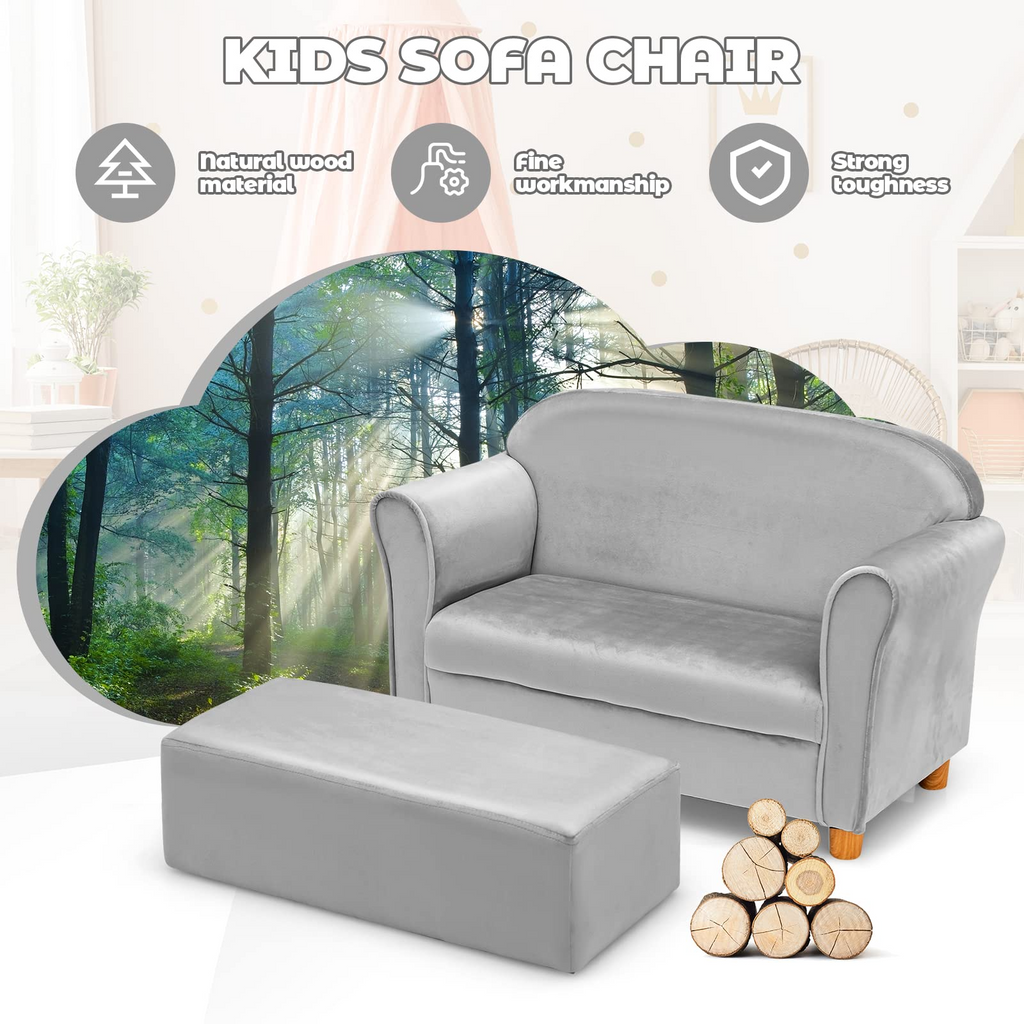 INFANS Kids Sofa with Footstool, 2 Seat Toddler Upholstered Couch, Children Armrest Chair Lounge for Bedroom Nursery Kindergarten Kids Room Boys Girls INFANS