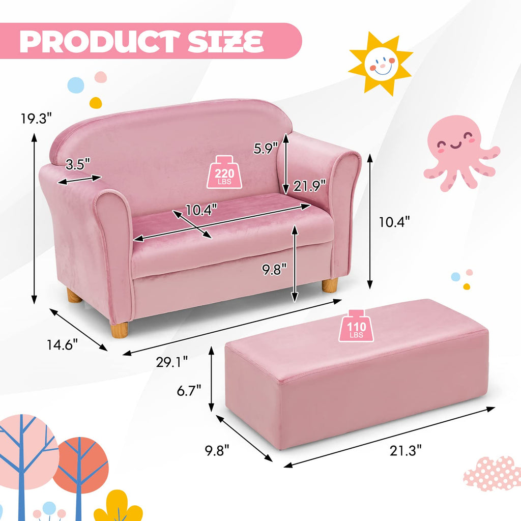 INFANS Kids Sofa with Footstool, 2 Seat Toddler Upholstered Couch, Children Armrest Chair Lounge for Bedroom Nursery Kindergarten Kids Room Boys Girls INFANS