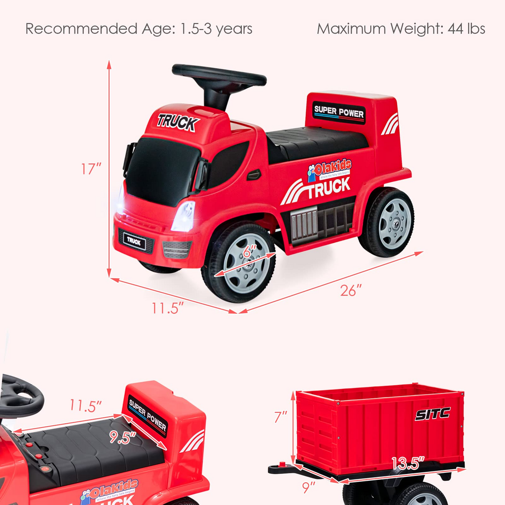 OLAKIDS Kids Ride On Push Car, 2 in 1 Foot-to-Floor Sliding Truck with Detachable Trailer, Steering Wheel, Headlights, Music, Alarm Sound, Toy Walker Gift for Toddlers Age 1.5-3 Boys Girls INFANS