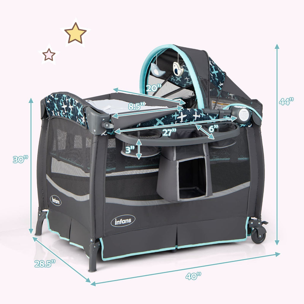 INFANS Baby Pack and Play, Portable Nursery Center with Bassinet Crib Mattress, Changing Table INFANS