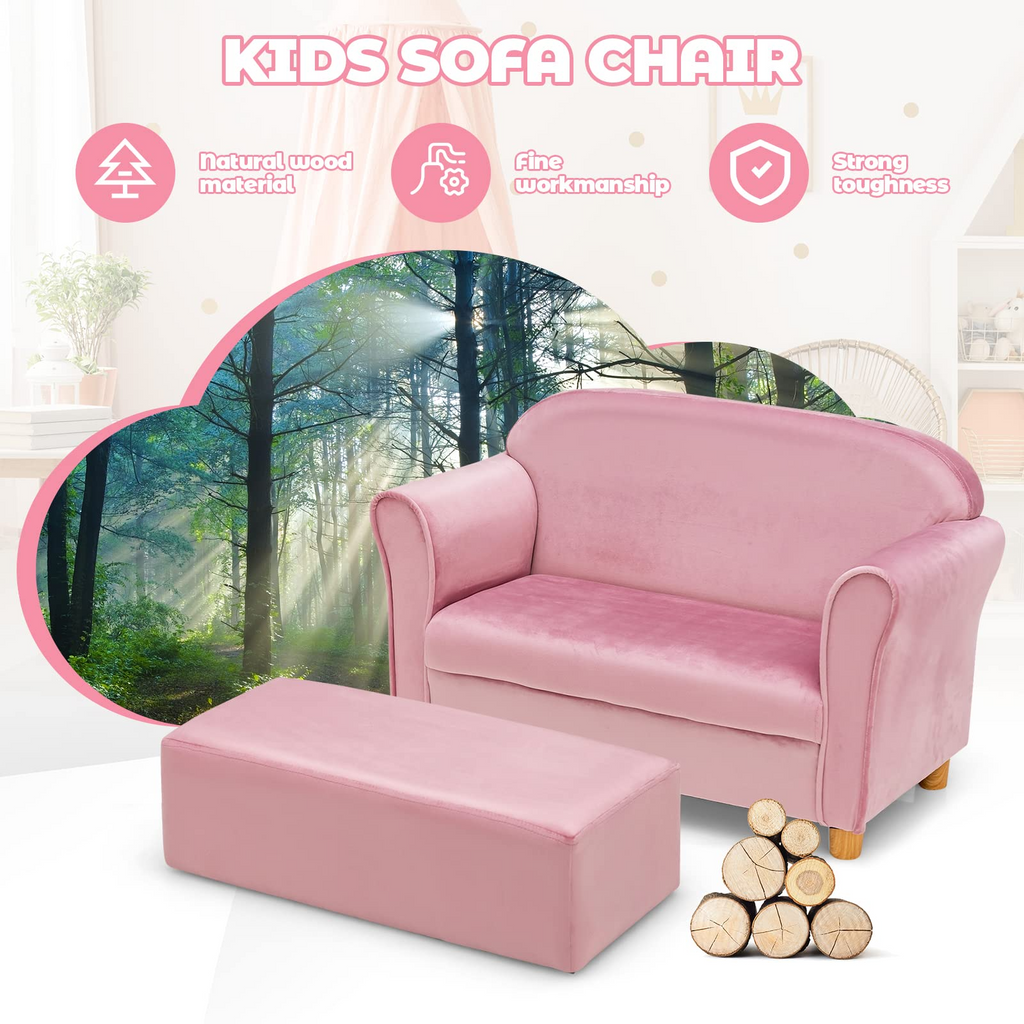 INFANS Kids Sofa with Footstool, 2 Seat Toddler Upholstered Couch, Children Armrest Chair Lounge for Bedroom Nursery Kindergarten Kids Room Boys Girls INFANS