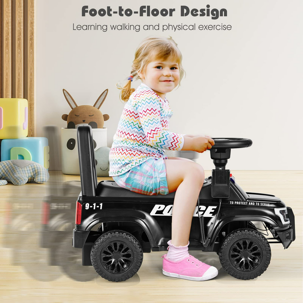 INFANS Ride On Push Police Car, Toddler Foot-to-Floor Sliding Toy with Siren, Steering Wheel, Megaphone, Horn, Headlights, Under Seat Storage INFANS