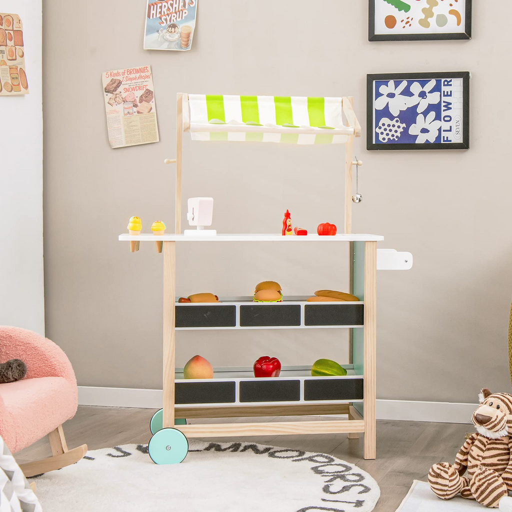 INFANS Wooden Grocery Store Marketplace Toy, Colorful Supermarket Pretend Play, Extra Storage 6 Ice Creams Scales Bells Chalkboards INFANS