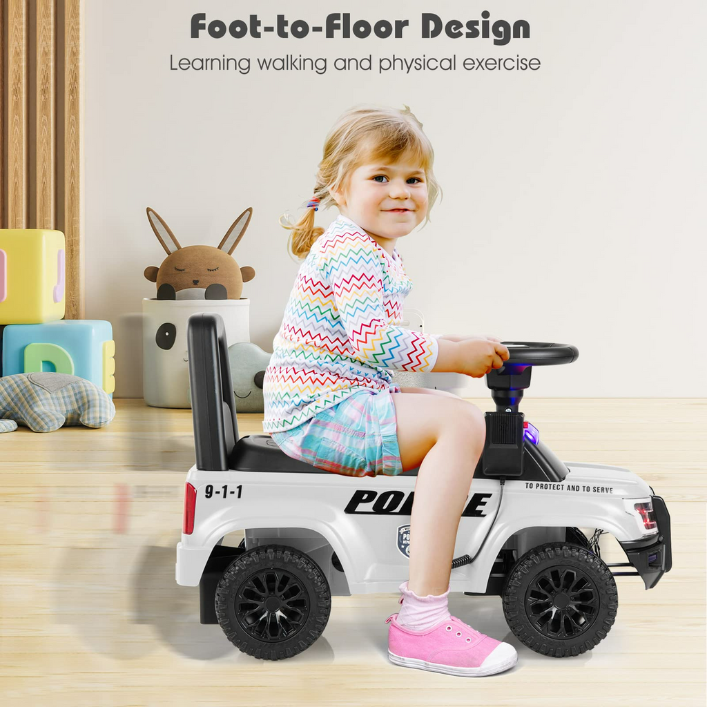 INFANS Ride On Push Police Car, Toddler Foot-to-Floor Sliding Toy with Siren, Steering Wheel, Megaphone, Horn, Headlights, Under Seat Storage INFANS