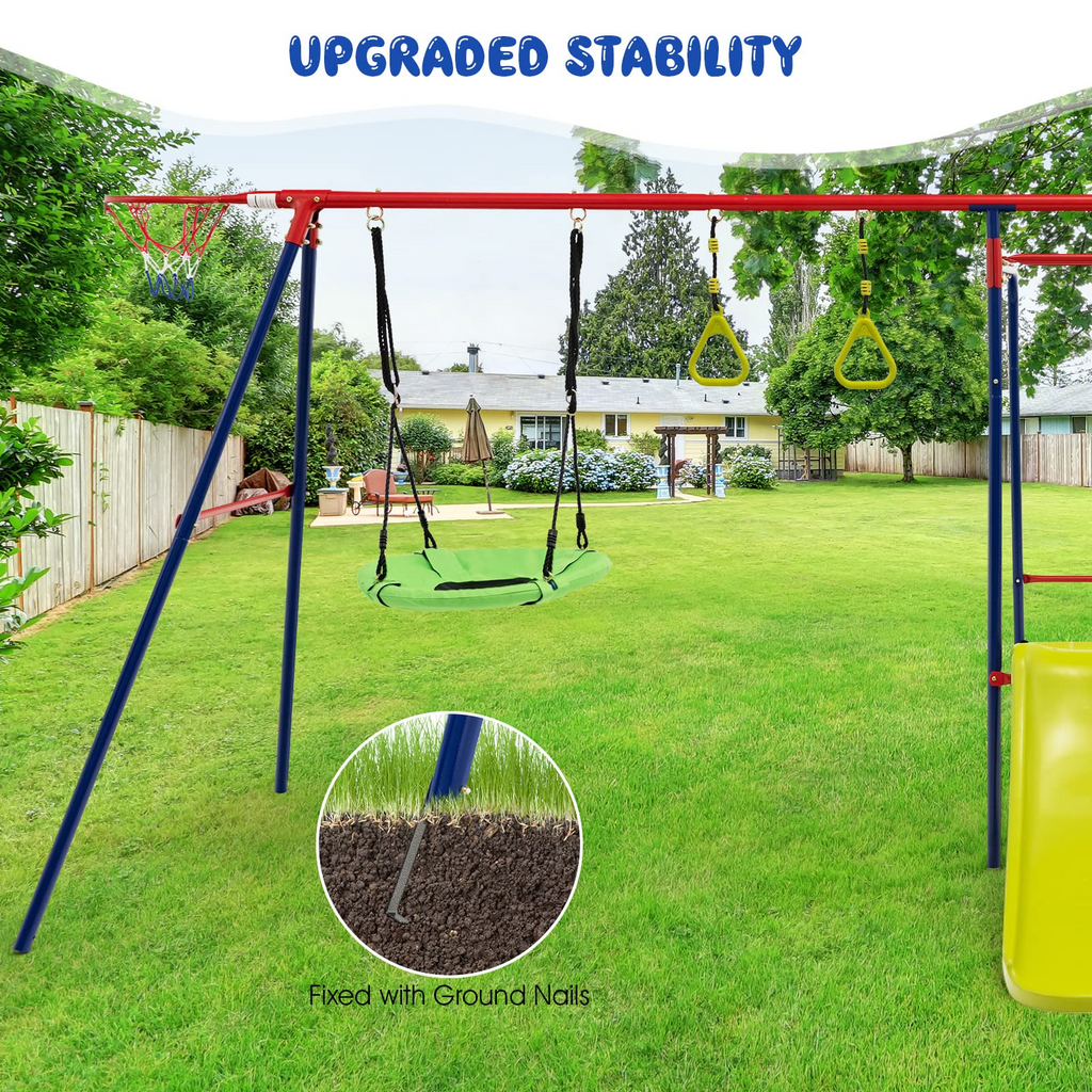 OLAKIDS 660lbs Swing Set, Outdoor A-Frame Heavy Duty Metal Swing Stand for Kids Adults, Backyard Playground Activity Playset with Slide, 2 Swings, Glider, Trapeze Rings, Monkey Bar, Basketball Hoop INFANS