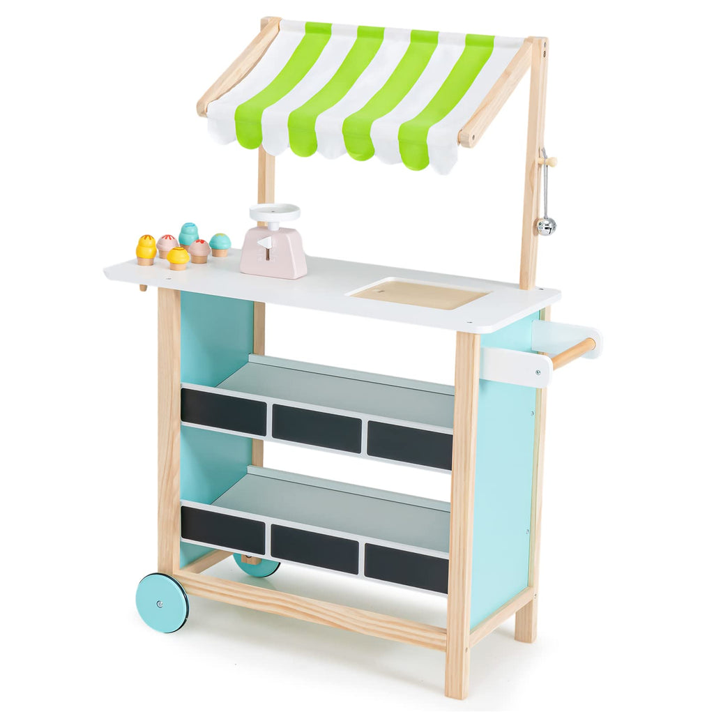 INFANS Wooden Grocery Store Marketplace Toy, Colorful Supermarket Pretend Play, Extra Storage 6 Ice Creams Scales Bells Chalkboards INFANS