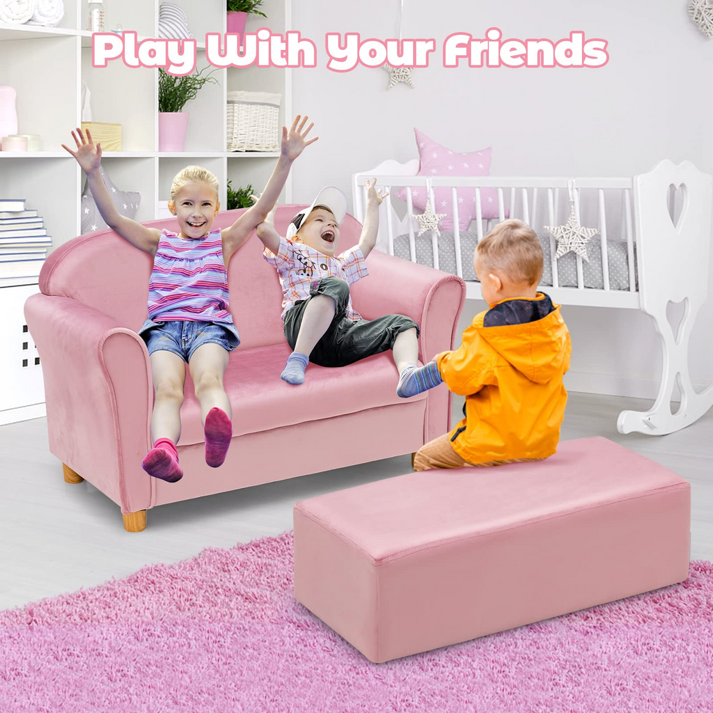 INFANS Kids Sofa with Footstool, 2 Seat Toddler Upholstered Couch, Children Armrest Chair Lounge for Bedroom Nursery Kindergarten Kids Room Boys Girls INFANS