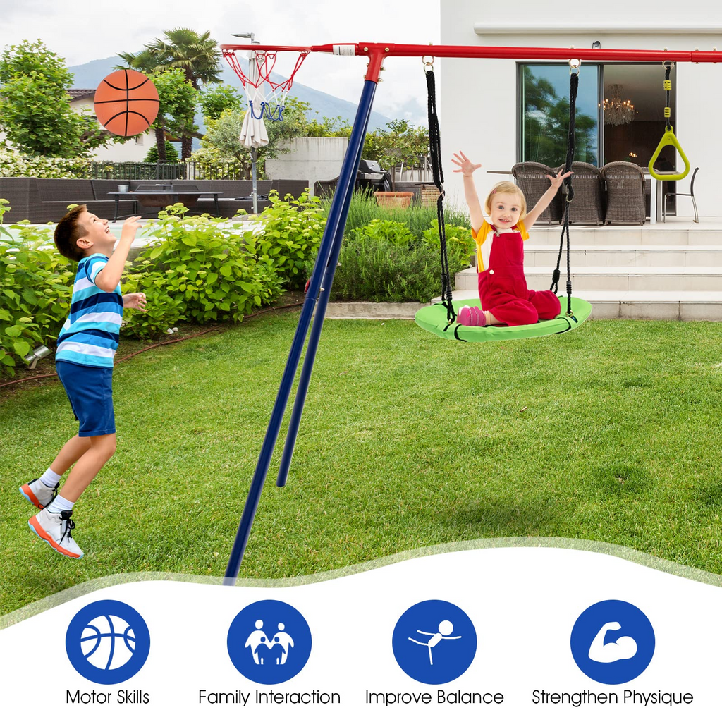 OLAKIDS 660lbs Swing Set, Outdoor A-Frame Heavy Duty Metal Swing Stand for Kids Adults, Backyard Playground Activity Playset with Slide, 2 Swings, Glider, Trapeze Rings, Monkey Bar, Basketball Hoop INFANS